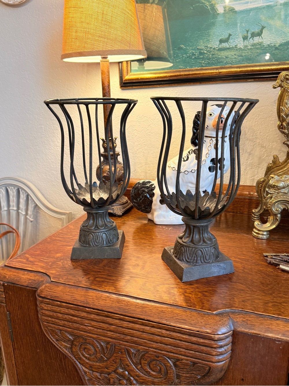 Vintage Rustic Elegance Openwork Metal Urn Pair Candle Holders - Picture 10 of 17